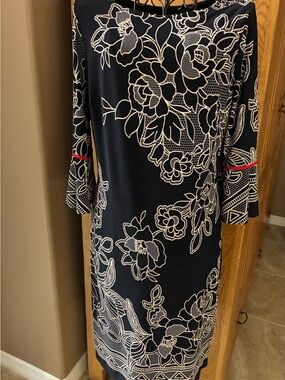 Navy Floral Midi Dress with White Outline and Red Trim